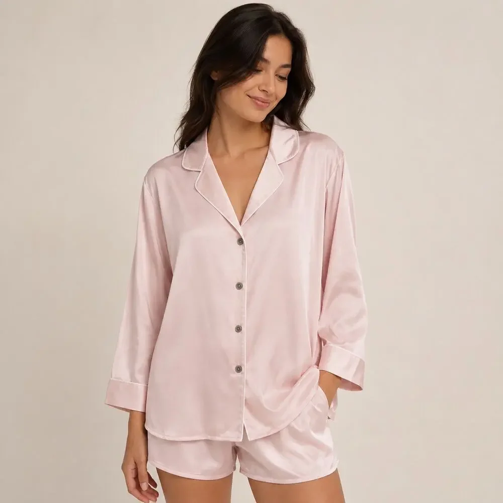 Natori Blush Pink Satin Pajama Sleep Shirt Top Women’s Size Large
